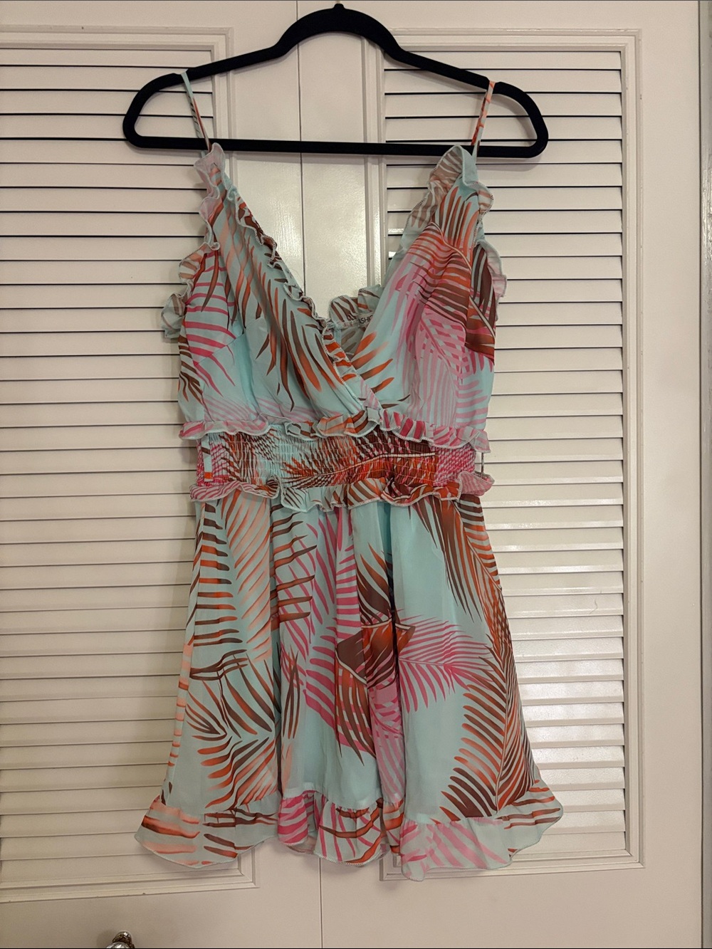 Fashion Nova Tropical Leaf Ruffled Romper in Mint, Pink & Brown